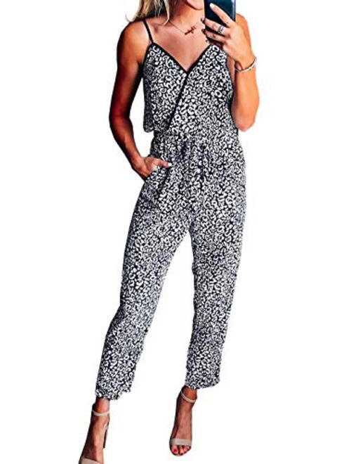 PRETTYGARDEN Women’s Sexy Wrap V Neck Leopard Print Spaghetti Strap Long Pants Jumpsuits Rompers with Pockets