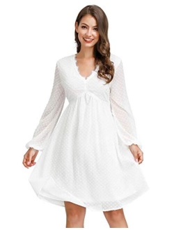 JASAMBAC Women's Swiss Dot Long Sleeve Bridesmaid Dress V Neck Maternity Dress