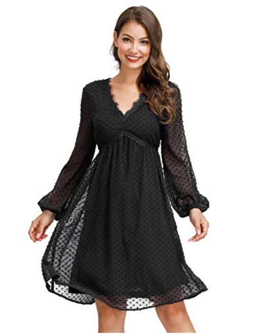 JASAMBAC Women's Swiss Dot Long Sleeve Bridesmaid Dress V Neck Maternity Dress