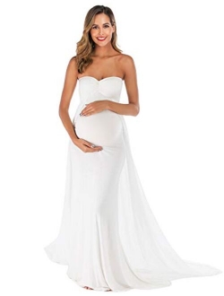 JustVH Maternity Off Shoulder Strapless Chiffon Maxi Gown Maxi Photography Dress for Photo Shoot Baby Shower