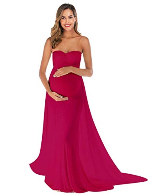 JustVH Maternity Off Shoulder Strapless Chiffon Maxi Gown Maxi Photography Dress for Photo Shoot Baby Shower