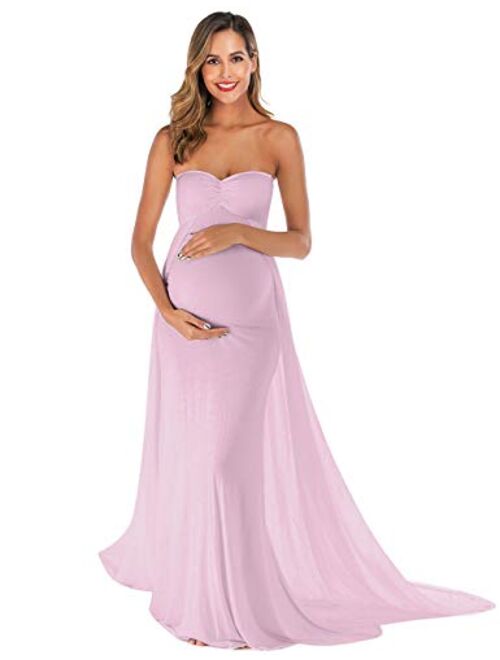 JustVH Maternity Off Shoulder Strapless Chiffon Maxi Gown Maxi Photography Dress for Photo Shoot Baby Shower