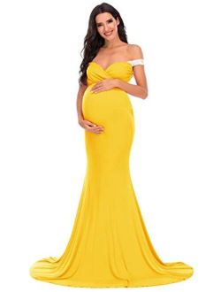 Yuanlar Maternity Off Shoulder Fitted Gown for Photography Photo Shoot Lace Stitching Mermaid Dress