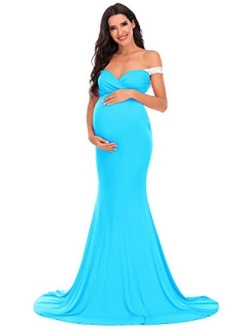 Yuanlar Maternity Off Shoulder Fitted Gown for Photography Photo Shoot Lace Stitching Mermaid Dress