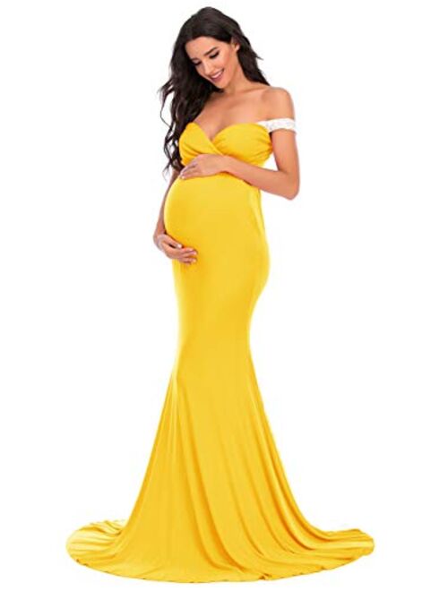 Yuanlar Maternity Off Shoulder Fitted Gown for Photography Photo Shoot Lace Stitching Mermaid Dress