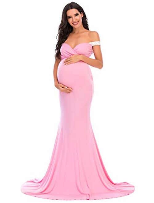 Yuanlar Maternity Off Shoulder Fitted Gown for Photography Photo Shoot Lace Stitching Mermaid Dress