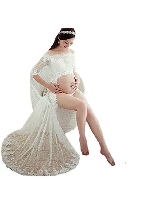 Hopeverl 3Pcs Maternity Lace Gown Split Front Maxi Photography Dress for Photo Shoot White