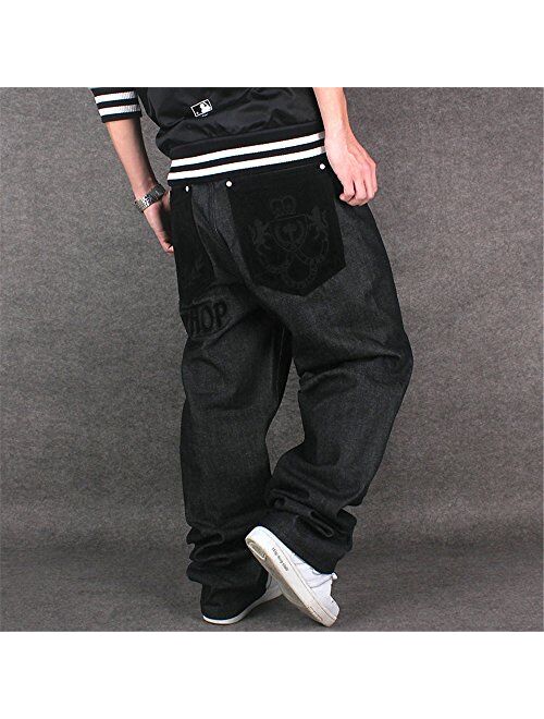 Ruiatoo Men's Boy Baggy Loose Fit Hip Hop Black Denim Long Casual Pants Jeans