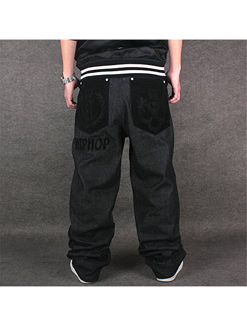 Ruiatoo Men's Boy Baggy Loose Fit Hip Hop Black Denim Long Casual Pants Jeans