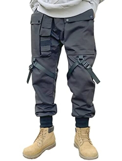 Men's Drawstring Elastic Waist Ankle Band Hip hop Cargo Jogger Pants with Pocket