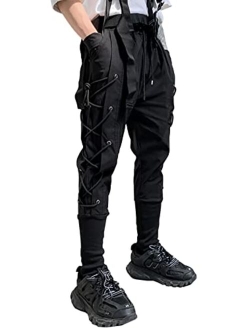 Men's Drawstring Elastic Waist Ankle Band Hip hop Cargo Jogger Pants with Pocket