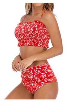 Women's Bandeau Ruffled Bikini Set Off Shoulder Smocked Swimsuit Bathing Suit