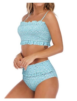 Women's Bandeau Ruffled Bikini Set Off Shoulder Smocked Swimsuit Bathing Suit