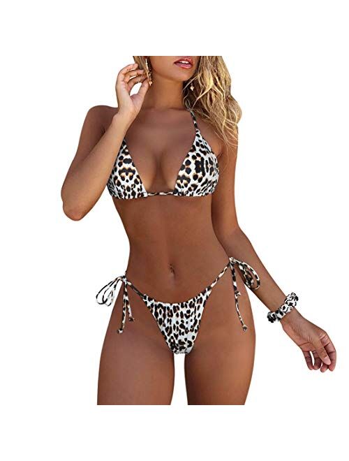 MOSHENGQI Women Sexy Brazilian 2 Piece Spaghetti Strap Top Thong Bikini Set with matching scrunchie