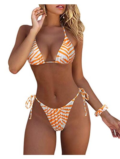 MOSHENGQI Women Sexy Brazilian 2 Piece Spaghetti Strap Top Thong Bikini Set with matching scrunchie