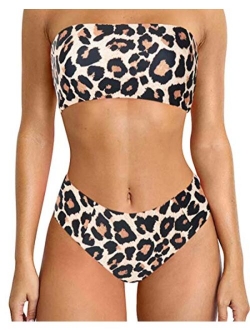 Bandeau Bikini Set Marble Printed High Cut Strapless Swimsuits for Women