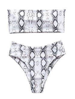 Bandeau Bikini Set Marble Printed High Cut Strapless Swimsuits for Women