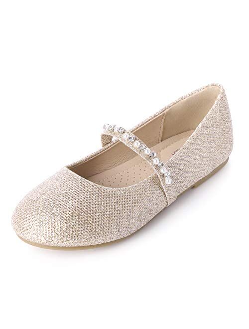 SANDALUP Little Girls Dress Shoes Ballet Flats Inlaid with Pearl and Rhinestone Strap