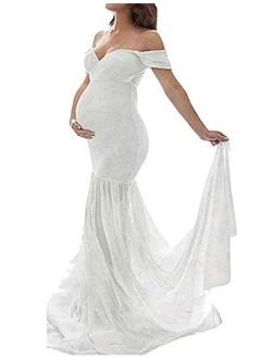 ORQ Maternity Off Shoulder Chiffon Gown for Photo Props Dress Maxi Photography Dress for Photoshoot