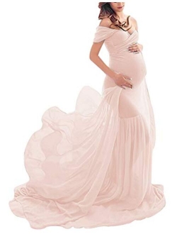 ORQ Maternity Off Shoulder Chiffon Gown for Photo Props Dress Maxi Photography Dress for Photoshoot