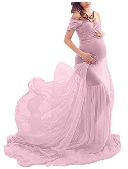 ORQ Maternity Off Shoulder Chiffon Gown for Photo Props Dress Maxi Photography Dress for Photoshoot