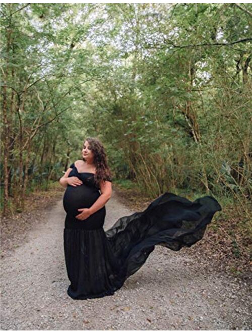 ORQ Maternity Off Shoulder Chiffon Gown for Photo Props Dress Maxi Photography Dress for Photoshoot