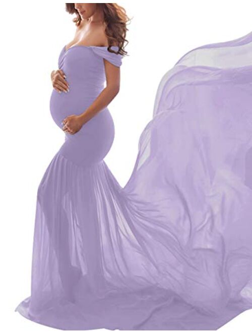 ORQ Maternity Off Shoulder Chiffon Gown for Photo Props Dress Maxi Photography Dress for Photoshoot