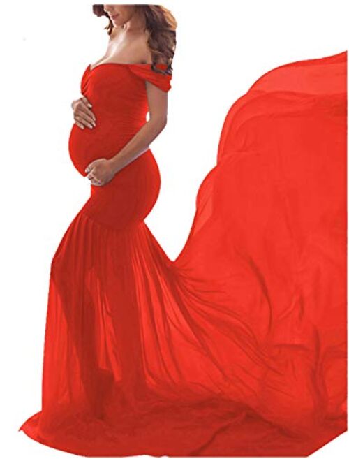 ORQ Maternity Off Shoulder Chiffon Gown for Photo Props Dress Maxi Photography Dress for Photoshoot