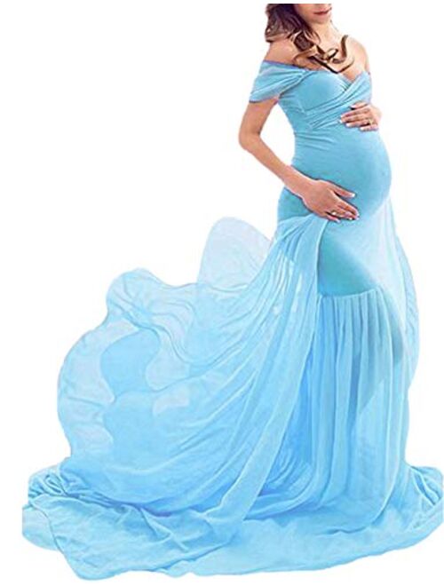 ORQ Maternity Off Shoulder Chiffon Gown for Photo Props Dress Maxi Photography Dress for Photoshoot