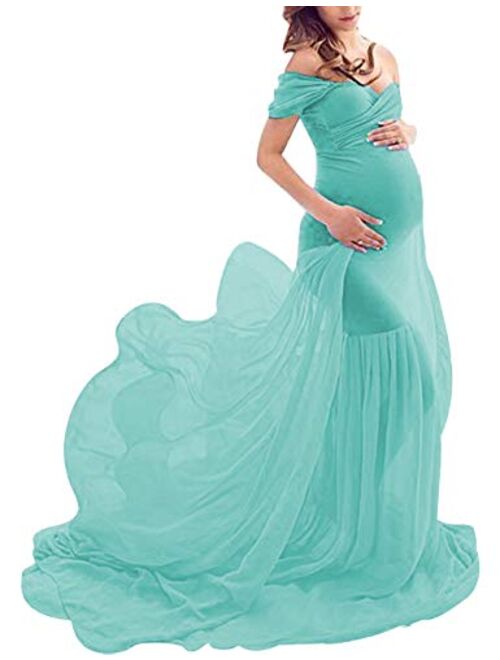 ORQ Maternity Off Shoulder Chiffon Gown for Photo Props Dress Maxi Photography Dress for Photoshoot