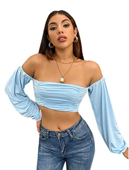 MakeMeChic Women's Off The Shoulder Ruched Front Long Sleeve Crop Top Tee