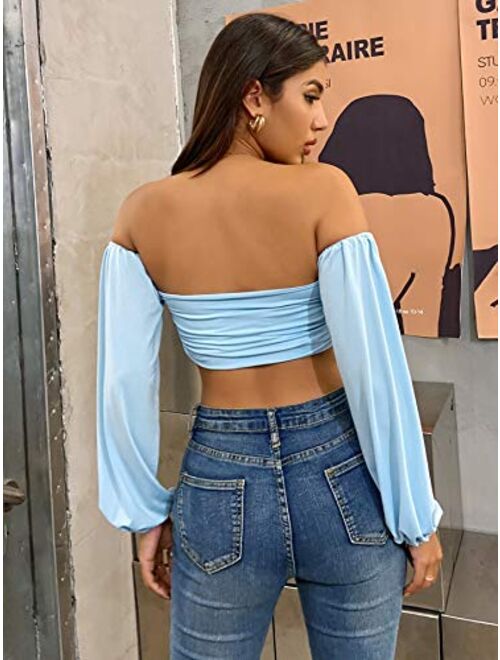 MakeMeChic Women's Off The Shoulder Ruched Front Long Sleeve Crop Top Tee