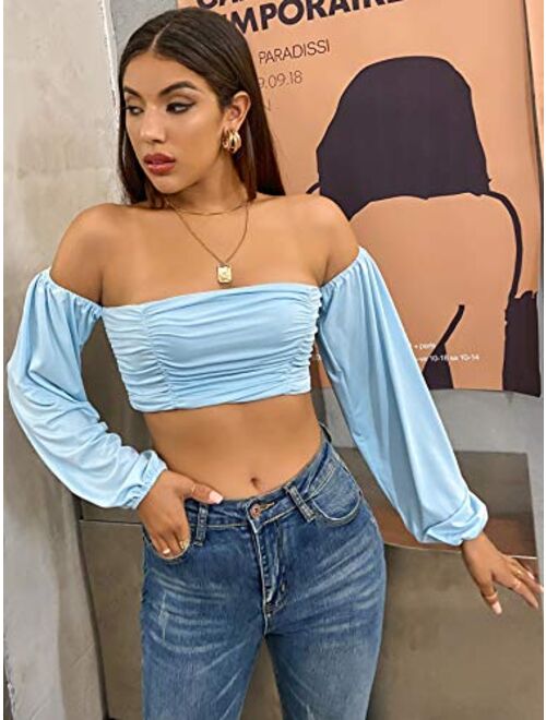 MakeMeChic Women's Off The Shoulder Ruched Front Long Sleeve Crop Top Tee