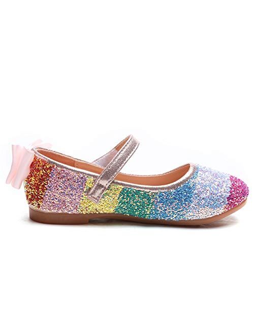 Minibella Girl's Rainbow Glitter Ballet Flats Princess Mary Jane Dress Shoes