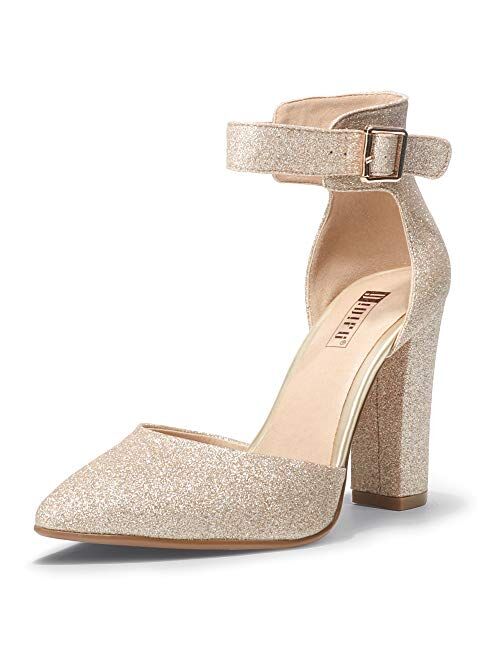 IDIFU Women's IN4 Pedazo High Block Heels Pumps Pointed Closed Toe Ankle Strap Dress Wedding Shoes