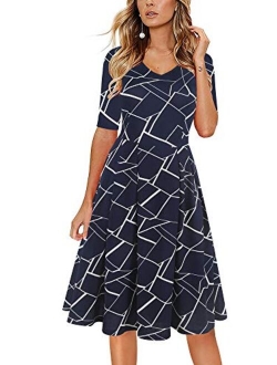 oxiuly Women's Vintage Elegant V-Neck Casual Party Cocktail Swing Work Midi Dress with Pockets OX295