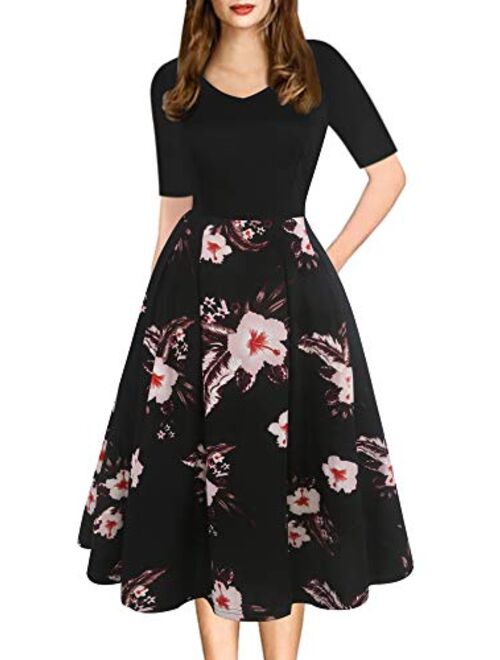 oxiuly Women's Vintage Elegant V-Neck Casual Party Cocktail Swing Work Midi Dress with Pockets OX295