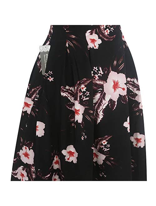 oxiuly Women's Vintage Elegant V-Neck Casual Party Cocktail Swing Work Midi Dress with Pockets OX295