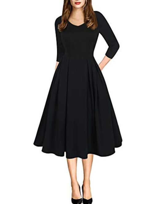 oxiuly Women's Vintage Elegant V-Neck Casual Party Cocktail Swing Work Midi Dress with Pockets OX295