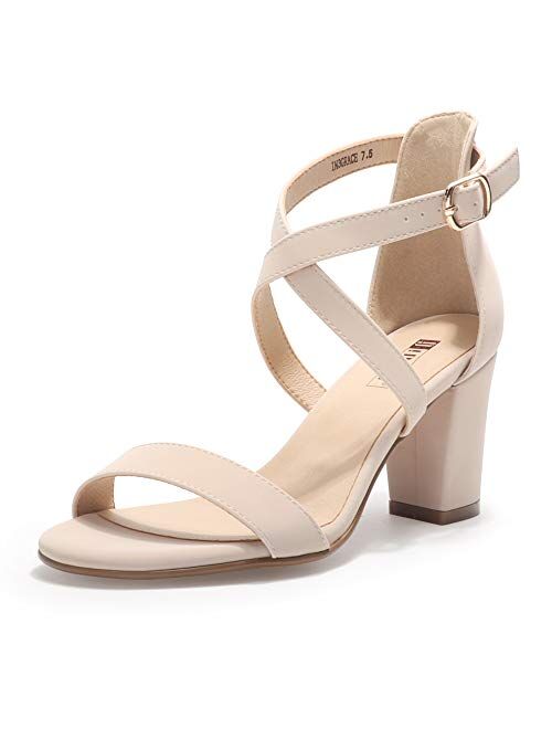 IDIFU Women's IN3 Grace Strappy Block Heels Sandals Comfy Open Toe Chunky Dress Wedding Shoes with Adjustable Cross Strap