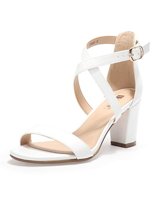 IDIFU Women's IN3 Grace Strappy Block Heels Sandals Comfy Open Toe Chunky Dress Wedding Shoes with Adjustable Cross Strap