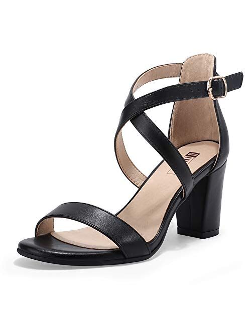 IDIFU Women's IN3 Grace Strappy Block Heels Sandals Comfy Open Toe Chunky Dress Wedding Shoes with Adjustable Cross Strap