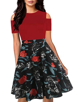 oxiuly Women's Chic Off Shoulder Floral Flare Patchwork Party Cocktail Casual Pockets Swing Dress OX266