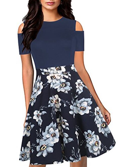 oxiuly Women's Chic Off Shoulder Floral Flare Patchwork Party Cocktail Casual Pockets Swing Dress OX266