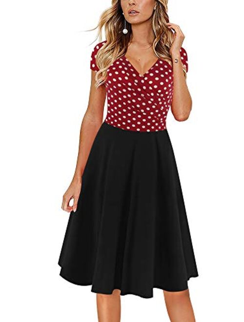 oxiuly Women's Vintage Dot V-Neck Cap Sleeve Casual Pockets Swing Tea Dress OX296