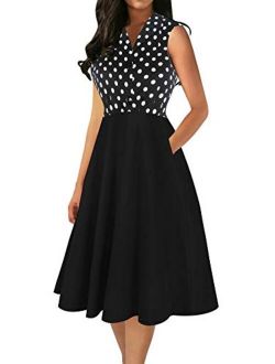 oxiuly Women's Vintage V-Neck Sleveless Pockets Party Cocktail Button A-Line Work Casual Midi Dress OX302