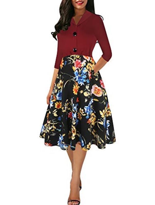 oxiuly Women's Vintage V-Neck Sleveless Pockets Party Cocktail Button A-Line Work Casual Midi Dress OX302