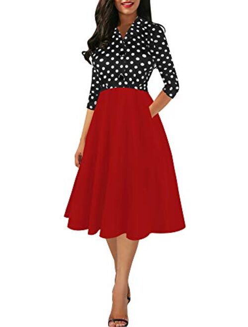 oxiuly Women's Vintage V-Neck Sleveless Pockets Party Cocktail Button A-Line Work Casual Midi Dress OX302