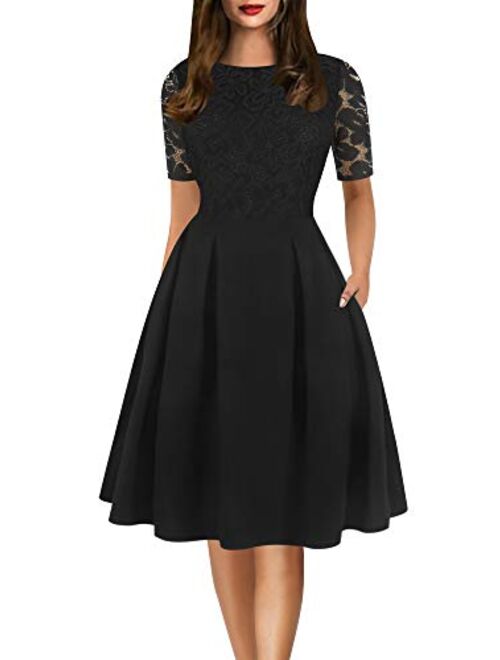 oxiuly Women's Lace Floral Crew Neck Elegant Pockets Swing Dress for Party OX306