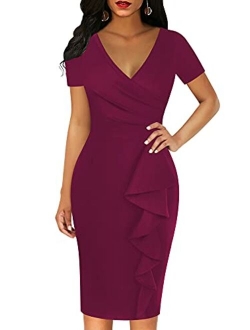 oxiuly Womens Cross V Neck Slim Ruffle Hem Cocktail Party Sheath Pencil Dress OX300